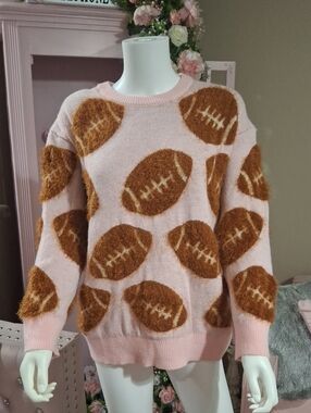 Simply Southern Pink Sweater with Brown Fuzzy Footballs